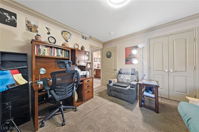 carpeted home office with ornamental molding