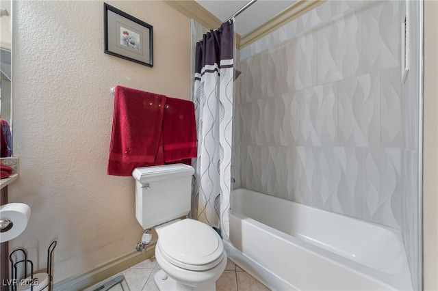 bathroom with tile patterned flooring, toilet, and shower / bathtub combination with curtain