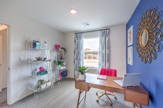 home office featuring carpet floors and baseboards