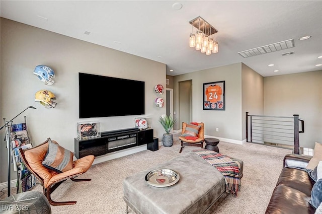 2159 Morro Vista Dr, Las Vegas, NV 89135 - carpeted living area with a chandelier, baseboards, and recessed lighting