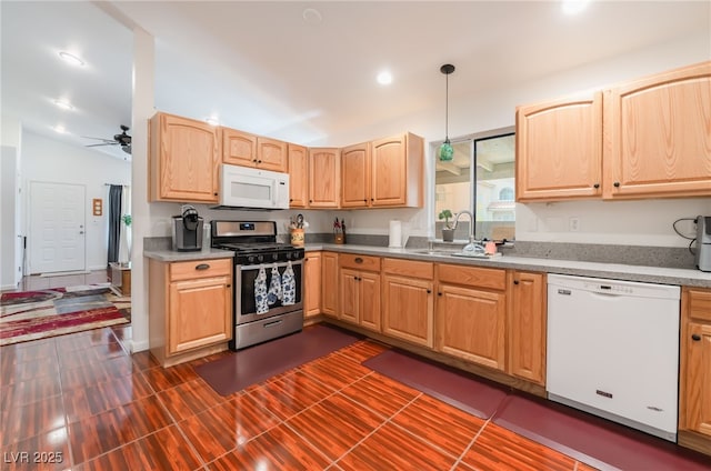 kitchen featuring white appliances, a sink, ceiling fan, light brown cabinetry, and recessed lighting