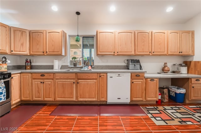 kitchen featuring dishwasher, a sink, electric range, light brown cabinetry, and pendant lighting