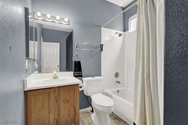 3389 Commendation Dr, Las Vegas, NV 89117 - full bath featuring a textured wall, toilet, shower / bathtub combination with curtain, and vanity