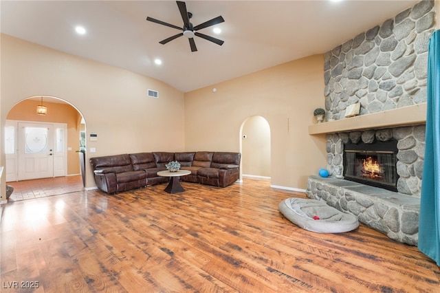 120 N Phyllis St, Las Vegas, NV 89110 - living room with arched walkways, a ceiling fan, wood finished floors, baseboards, and recessed lighting