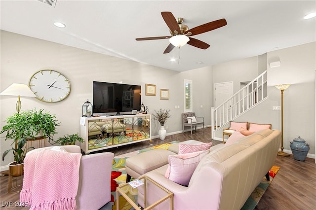 419 Vigo Port St, Las Vegas, NV 89138 - living room with wood finished floors, stairs, ceiling fan, baseboards, and recessed lighting