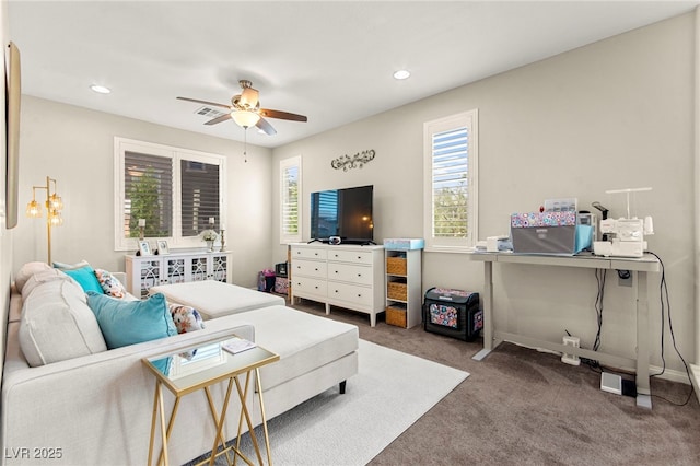 419 Vigo Port St, Las Vegas, NV 89138 - living room featuring carpet flooring, healthy amount of natural light, a ceiling fan, recessed lighting, and baseboards