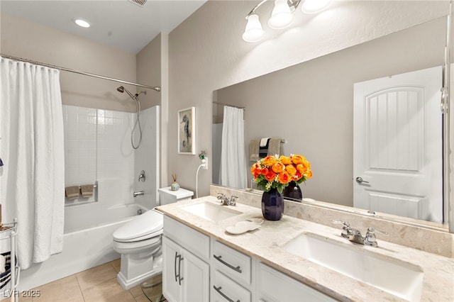 419 Vigo Port St, Las Vegas, NV 89138 - full bath featuring tile patterned floors, toilet, shower / bath combo, and double vanity