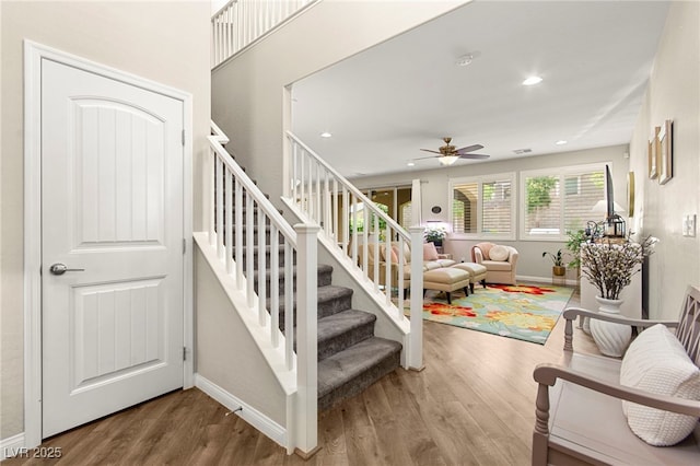 419 Vigo Port St, Las Vegas, NV 89138 - stairway with wood finished floors, ceiling fan, baseboards, and recessed lighting
