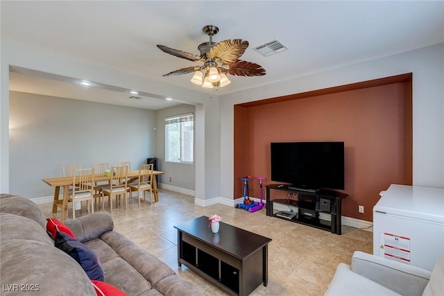 9780 Ziegler Ave, Las Vegas, NV 89148 - living room featuring a ceiling fan, baseboards, recessed lighting, and light tile patterned floors