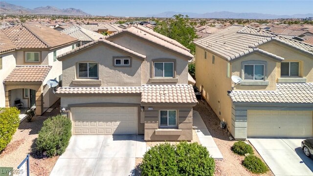 9780 Ziegler Ave, Las Vegas, NV 89148 - mediterranean / spanish house with concrete driveway, a residential view, and stucco siding