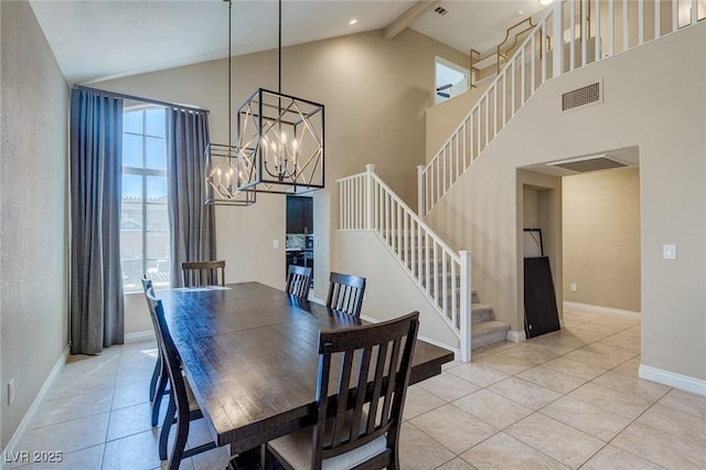 9469 Coral Shine Ct, Las Vegas, NV 89123 - dining space featuring high vaulted ceiling, stairs, a chandelier, beamed ceiling, and baseboards