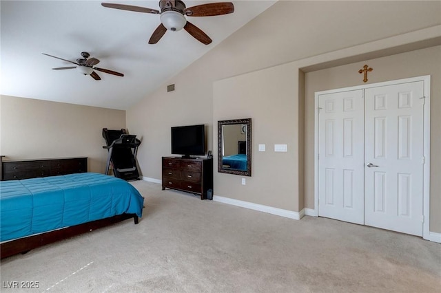 9469 Coral Shine Ct, Las Vegas, NV 89123 - bedroom featuring vaulted ceiling, carpet, a ceiling fan, baseboards, and a closet