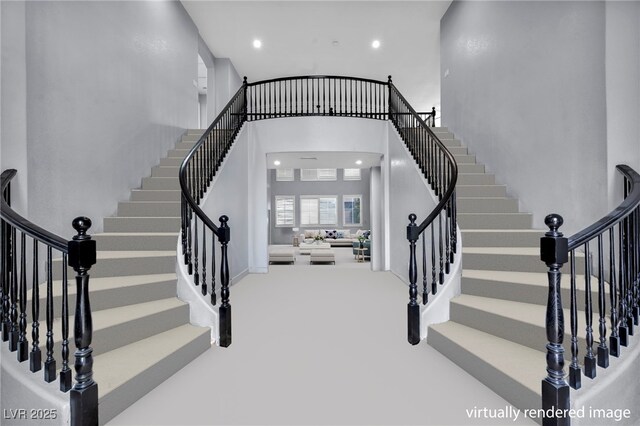8809 Barium Rock Ave, Las Vegas, NV 89143 - staircase featuring a high ceiling, carpet flooring, and recessed lighting