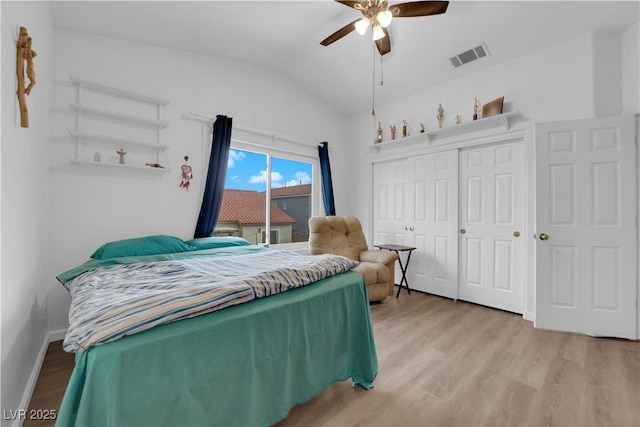 1893 Donnington Ct, Las Vegas, NV 89123 - bedroom with wood finished floors, lofted ceiling, a closet, a ceiling fan, and baseboards