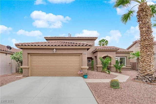 1893 Donnington Ct, Las Vegas, NV 89123 - mediterranean / spanish home featuring concrete driveway, a garage, stucco siding, and a tile roof