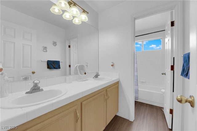 1893 Donnington Ct, Las Vegas, NV 89123 - full bathroom featuring wood finished floors, double vanity, and shower / bath combination with curtain