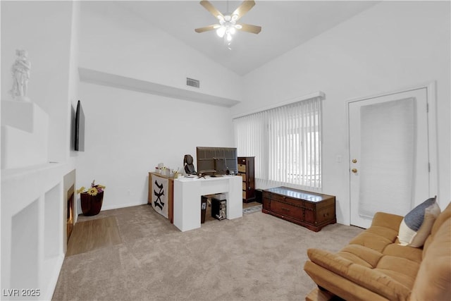 1893 Donnington Ct, Las Vegas, NV 89123 - office area with carpet floors, ceiling fan, and high vaulted ceiling