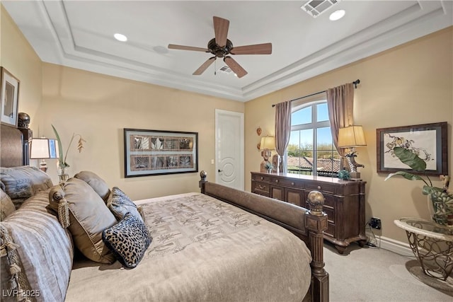 5079 Mountain Top Cir, Las Vegas, NV 89148 - carpeted bedroom with a raised ceiling, baseboards, and a ceiling fan