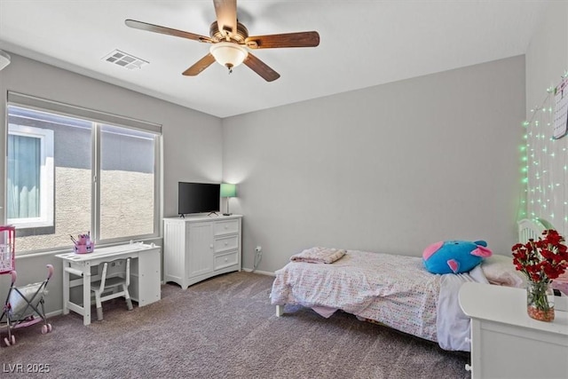 bedroom featuring carpet floors, ceiling fan, and baseboards