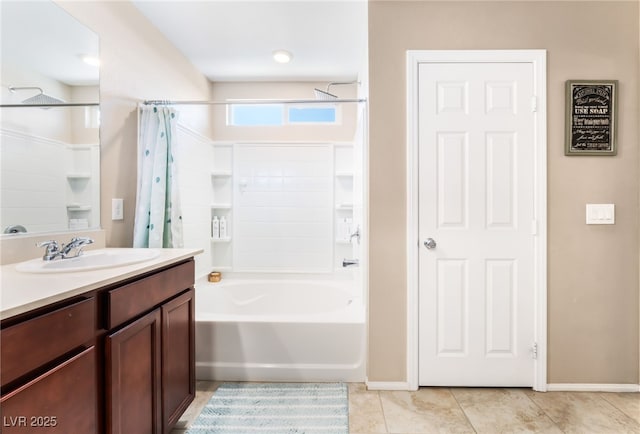 bathroom featuring shower / bathtub combination with curtain, tile patterned flooring, vanity, and baseboards