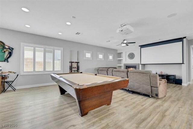 8836 Martin Downs Pl, Las Vegas, NV 89131 - recreation room featuring ceiling fan, light wood-style floors, recessed lighting, baseboards, and billiards