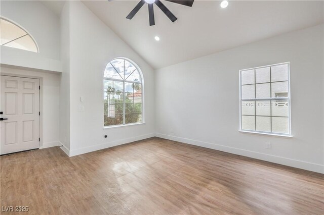 2107 Fountain Springs Dr, Henderson, NV 89074 - entrance foyer with ceiling fan, baseboards, high vaulted ceiling, light wood-style flooring, and recessed lighting