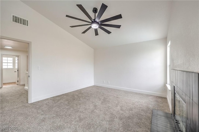2107 Fountain Springs Dr, Henderson, NV 89074 - unfurnished living room with ceiling fan, carpet flooring, high vaulted ceiling, and baseboards