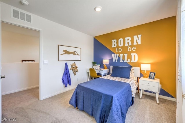 carpeted bedroom with baseboards and recessed lighting