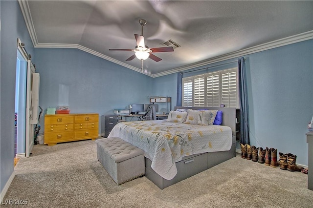 bedroom with carpet floors, vaulted ceiling, crown molding, a ceiling fan, and baseboards