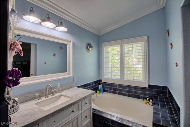 7728 Whispering River St, Las Vegas, NV 89131 - full bath featuring a bath, vanity, crown molding, and vaulted ceiling