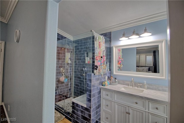 full bath with crown molding, walk in shower, vanity, and connected bathroom