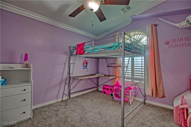 carpeted bedroom featuring ornamental molding, vaulted ceiling, baseboards, and a ceiling fan