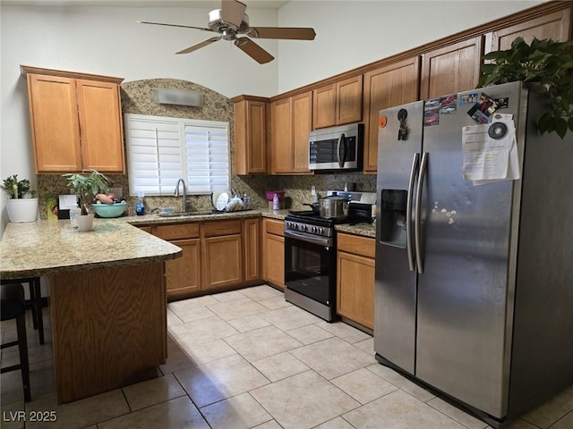 6361 Copperfield Ave, Las Vegas, NV 89108 - kitchen with appliances with stainless steel finishes, a peninsula, a sink, backsplash, and brown cabinetry