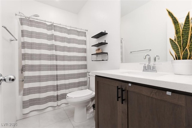 bathroom with tile patterned floors, toilet, vanity, and a shower with shower curtain