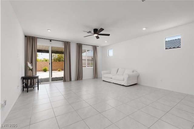 unfurnished living room with a ceiling fan and recessed lighting