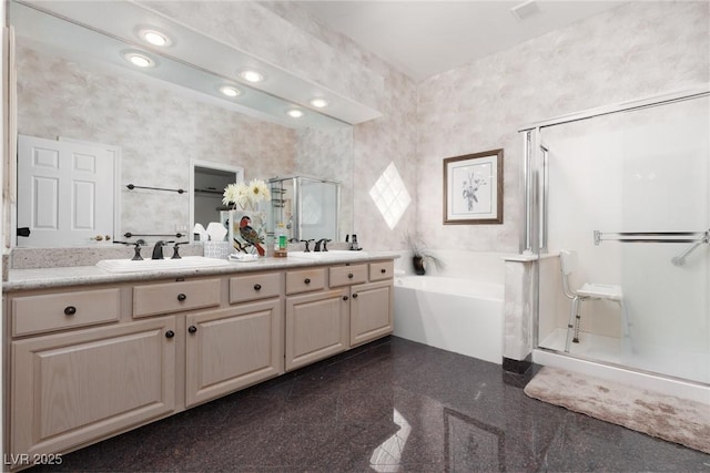 3522 Shonna Way N, Las Vegas, NV 89032 - bathroom with a shower stall, double vanity, a bath, wallpapered walls, and granite floors