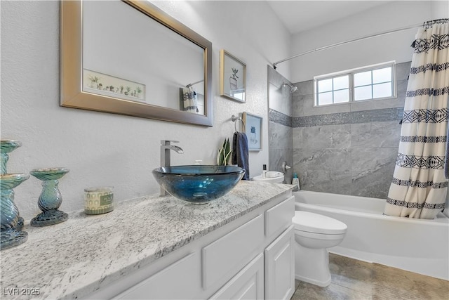 7929 Ben Hogan Dr, Las Vegas, NV 89149 - bathroom featuring shower / bath combination with curtain, toilet, and vanity