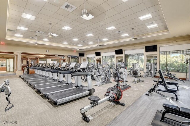 10302 Cara Mia Ct, Las Vegas, NV 89135 - gym with a raised ceiling, carpet, ornate columns, and a drop ceiling