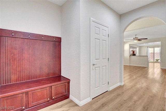 248 Windmill Croft Dr, Las Vegas, NV 89148 - mudroom featuring a ceiling fan, light wood-style floors, and baseboards