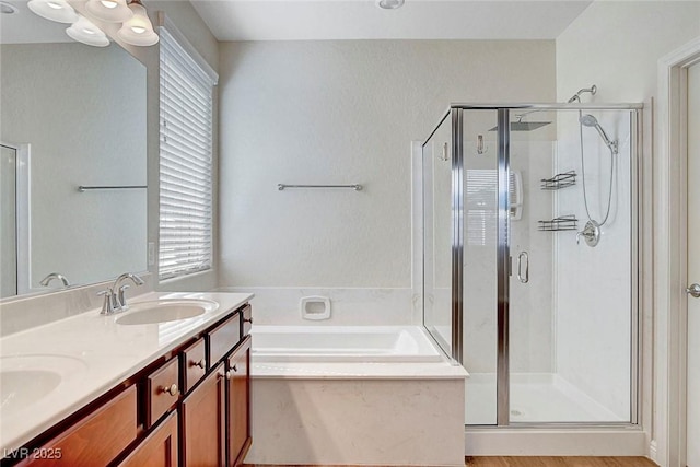 248 Windmill Croft Dr, Las Vegas, NV 89148 - full bathroom featuring a shower stall, a garden tub, and double vanity