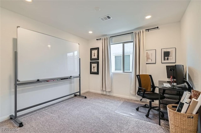 office area with carpet, baseboards, and recessed lighting