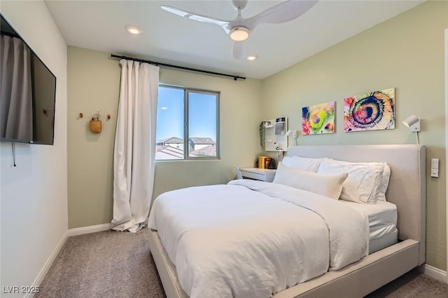 carpeted bedroom featuring baseboards, recessed lighting, and a ceiling fan
