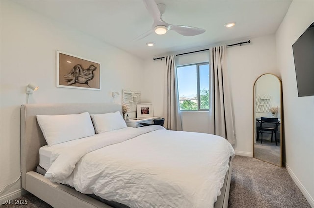 carpeted bedroom with baseboards, recessed lighting, and a ceiling fan