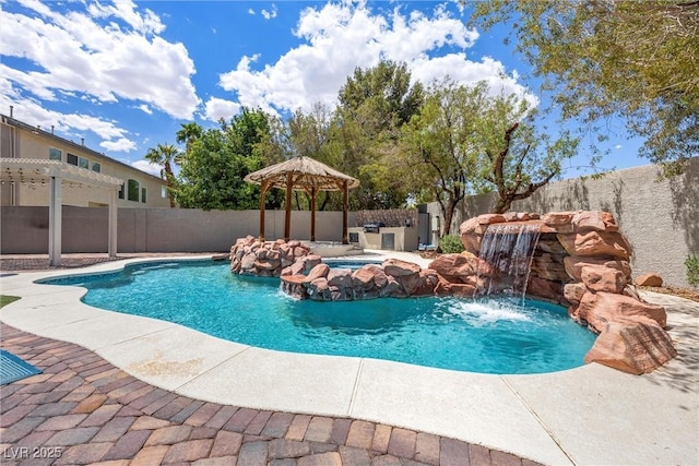 view of pool featuring a gazebo, a fenced backyard, a pergola, and a patio