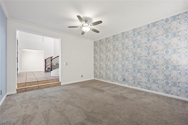 358 Whispering Tree Ave, Las Vegas, NV 89183 - spare room with ceiling fan, carpet flooring, stairs, ornamental molding, and baseboards