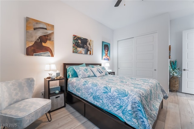 778 Dainty Daffodil St, Henderson, NV 89011 - bedroom with a closet, light wood finished floors, and a ceiling fan