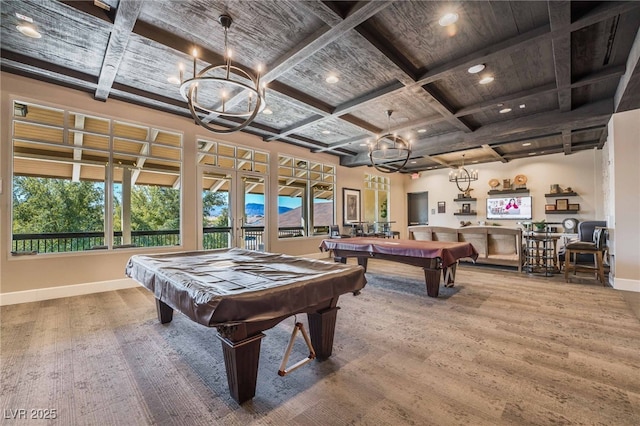 778 Dainty Daffodil St, Henderson, NV 89011 - playroom with wood finished floors, billiards table, coffered ceiling, a chandelier, and baseboards