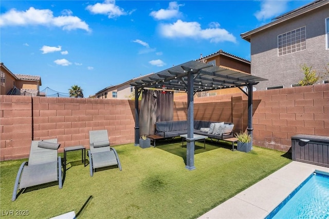 fenced backyard with a pergola and an outdoor hangout area