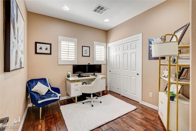 office area with hardwood / wood-style floors, baseboards, and recessed lighting