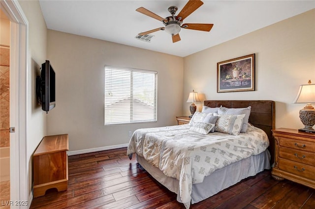 bedroom with dark wood-style flooring, baseboards, and ceiling fan